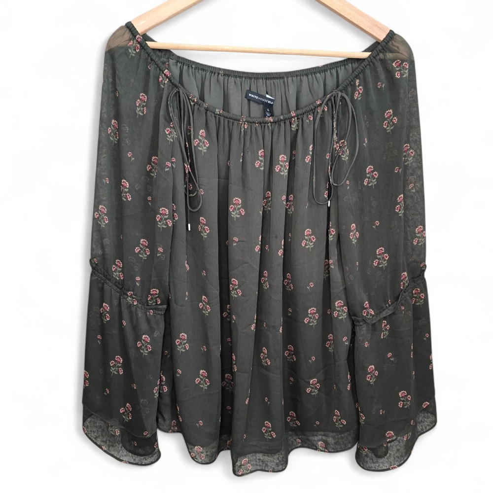 White House Black Market Sheer Floral Blouse Womens Large Green Peasant Boho Top
